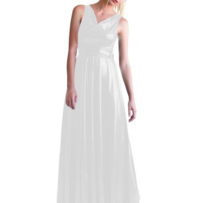 Casual Shiny Metallic Long Dress Elegance Korean Fashion V-Neck Sleeveless Women's Dresses Summer Party Y2k Vintage Ball Gowns