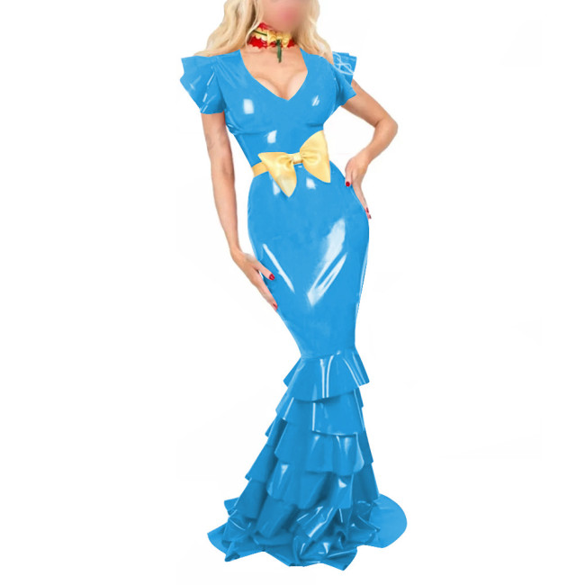 Women PVC Leather Short Sleeve Evening Party Maxi Dress Sissy V Neck Sexy Bodycon Ruffled Hobble Dress with Belt Ball Gowns Lady
