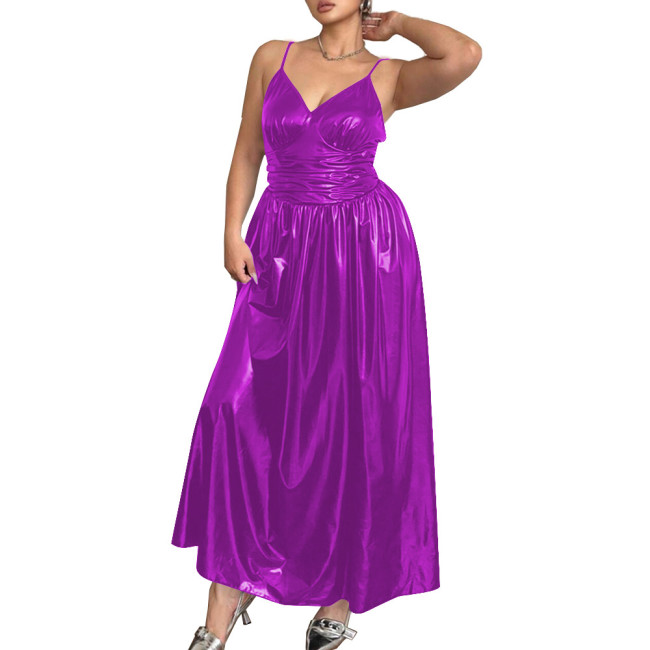 Elegant Spaghetti Strap Slim Waist PVC Leather Maxi Dresses for Women Sleeveless V-neck Evening Dresses Party Rave Long Dress