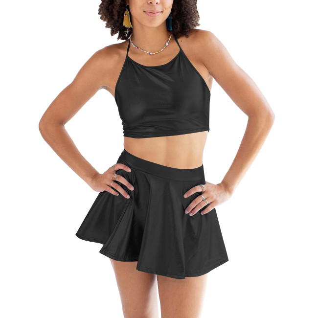 2025 Women's Fashion Elegant Women 2 Piece Set Metallic Sleeveless Halter Crop Top+Mini Skirt Matching Streetwear Casual Outfits