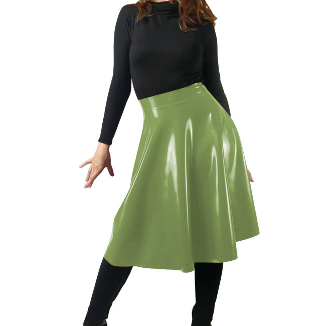 Latex Look Red Skirt Wetlook Women Elegant Solid Elastic Waist A-line Vintage Korean Fashion PVC Midi Skirt Casual Streetwear