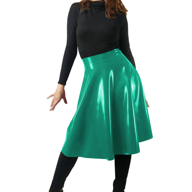 Latex Look Red Skirt Wetlook Women Elegant Solid Elastic Waist A-line Vintage Korean Fashion PVC Midi Skirt Casual Streetwear