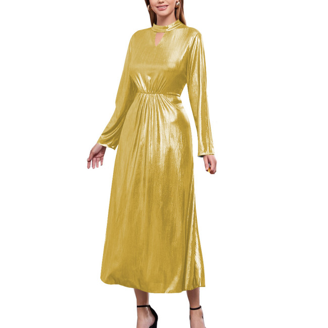 Shiny Metallic Long Sleeve Solid Evening Dress Elegant Stretch Slim Fit A-line Maxi Dress Sexy Banquet Gown Party Dress Vestido