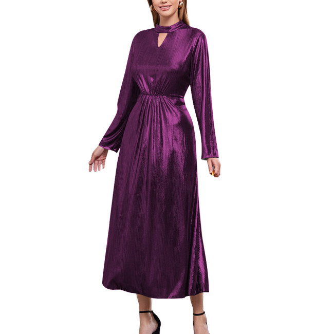 Shiny Metallic Long Sleeve Solid Evening Dress Elegant Stretch Slim Fit A-line Maxi Dress Sexy Banquet Gown Party Dress Vestido