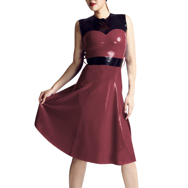 Patchwork Sleeveless Tank Midi Dress Women O-neck Slim Waist Patent Leather A-line Dress Casual Daily Commuting Faux Latex Dress