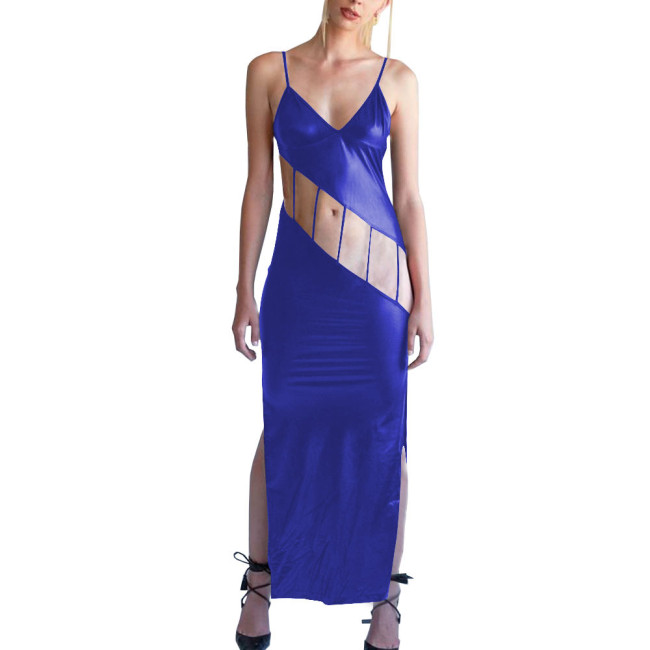 Shiny Metallic Hollow Out Bodycon Spaghetti Strap Long Dress for Women Side Slit Maxi Dress Female Camisole Solid Party Dress