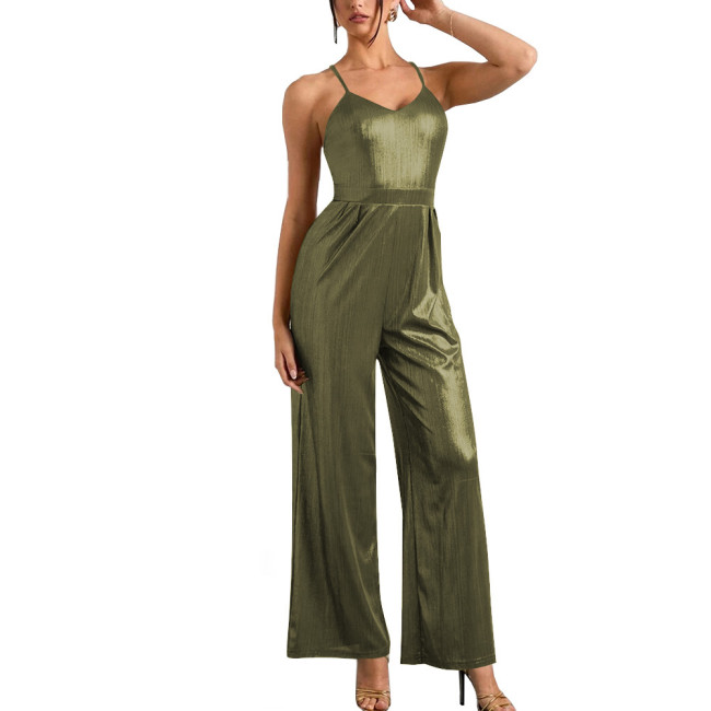 Office Lady Spaghetti Strap One Piece Jump Suits for Women Shiny Metallic Slim Fit Wide Leg Pants Wetlook Sexy Jumpsuits Catsuit