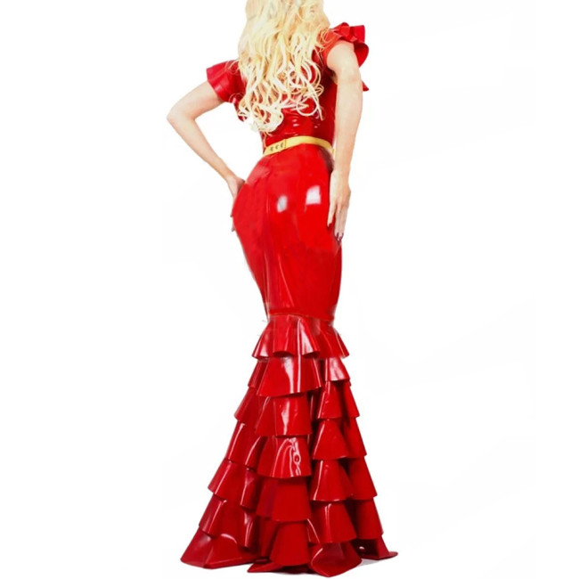Women PVC Leather Short Sleeve Evening Party Maxi Dress Sissy V Neck Sexy Bodycon Ruffled Hobble Dress with Belt Ball Gowns Lady