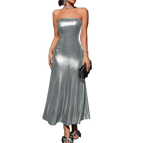 Shiny Metallic Summer Dress Solid Vestidos Sexy Strapless Bodycon A-line Women Dress Elegant Banquet Venue Gown Long Dess