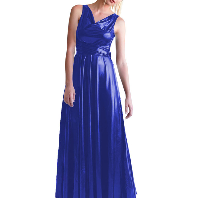 Casual Shiny Metallic Long Dress Elegance Korean Fashion V-Neck Sleeveless Women's Dresses Summer Party Y2k Vintage Ball Gowns