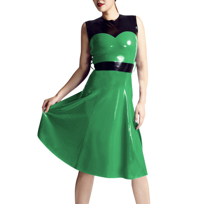 Patchwork Sleeveless Tank Midi Dress Women O-neck Slim Waist Patent Leather A-line Dress Casual Daily Commuting Faux Latex Dress