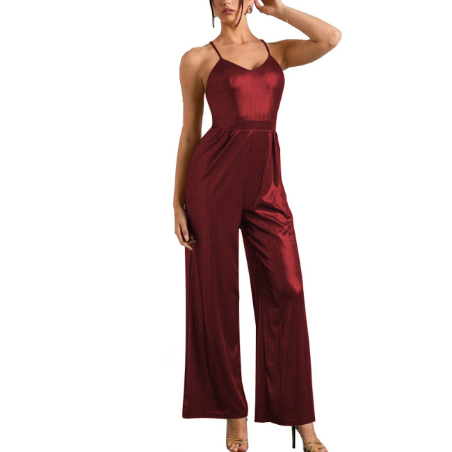 Office Lady Spaghetti Strap One Piece Jump Suits for Women Shiny Metallic Slim Fit Wide Leg Pants Wetlook Sexy Jumpsuits Catsuit