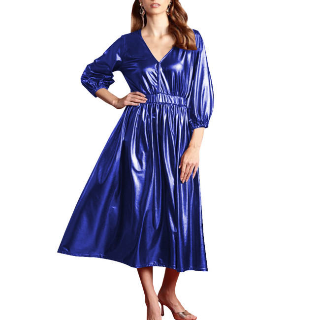 Shiny Summer Clothing for Women Dress Shiny Metallic Lantern Sleeves High Waist Elegant Long Dress Office Lady Outdoor Vestido