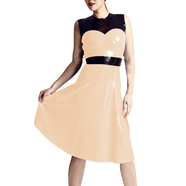Patchwork Sleeveless Tank Midi Dress Women O-neck Slim Waist Patent Leather A-line Dress Casual Daily Commuting Faux Latex Dress