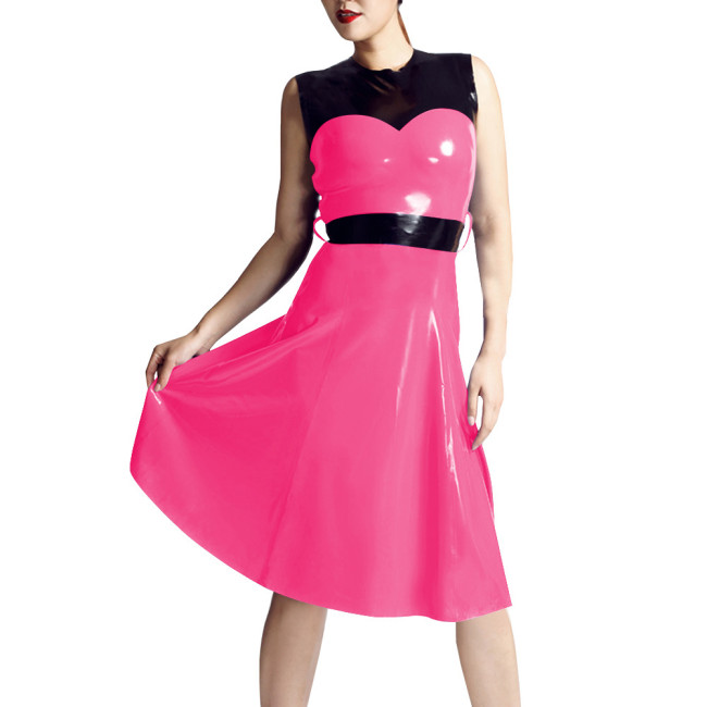 Patchwork Sleeveless Tank Midi Dress Women O-neck Slim Waist Patent Leather A-line Dress Casual Daily Commuting Faux Latex Dress