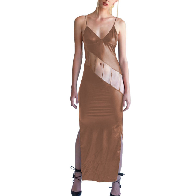 Shiny Metallic Hollow Out Bodycon Spaghetti Strap Long Dress for Women Side Slit Maxi Dress Female Camisole Solid Party Dress