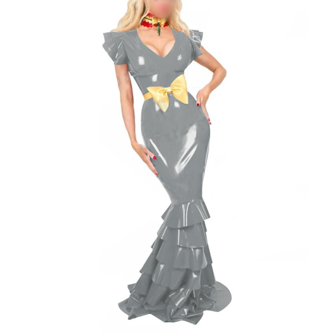 Women PVC Leather Short Sleeve Evening Party Maxi Dress Sissy V Neck Sexy Bodycon Ruffled Hobble Dress with Belt Ball Gowns Lady