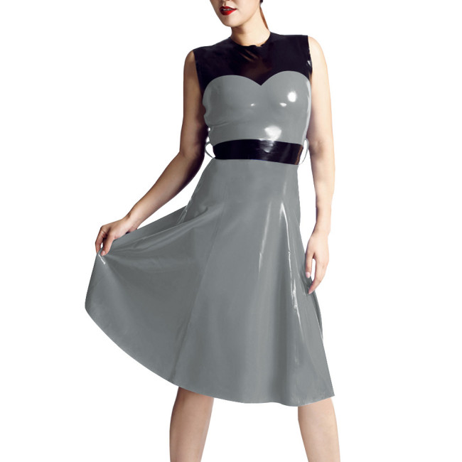 Patchwork Sleeveless Tank Midi Dress Women O-neck Slim Waist Patent Leather A-line Dress Casual Daily Commuting Faux Latex Dress
