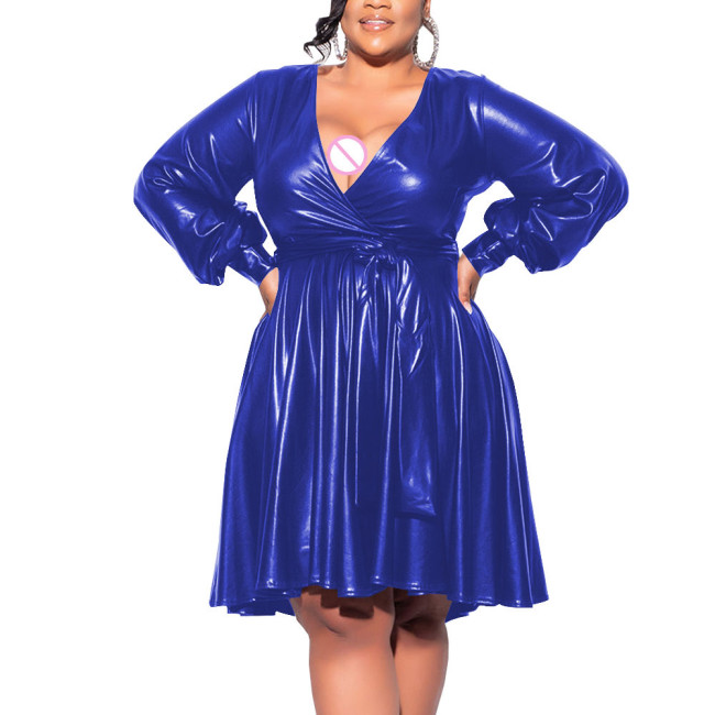 Exotic Dresses Wetlook Women Deep V-neck Long Sleeve Shiny Metallic A-line Midi Dress Fetish Sexy Club Plus Size Dress 7XL Lady