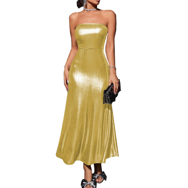 Shiny Metallic Summer Dress Solid Vestidos Sexy Strapless Bodycon A-line Women Dress Elegant Banquet Venue Gown Long Dess