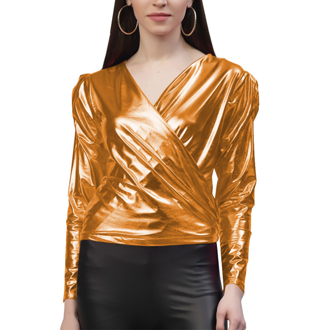 Elegant V-neck Slim Fit T-Shirts Women Shiny Metallic Clothes Bodycon Long Sleeve Tops T-Shirts Casual Solid Tops Daily Wear