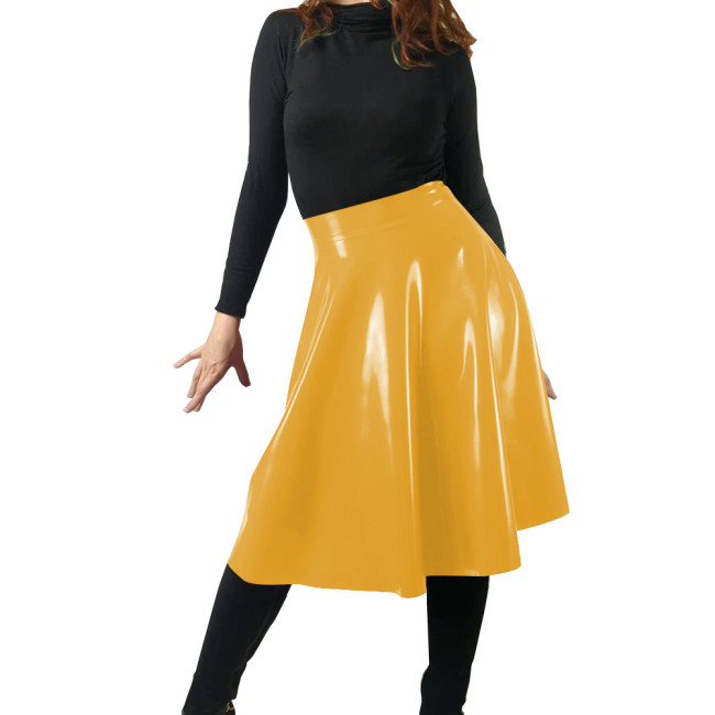Latex Look Red Skirt Wetlook Women Elegant Solid Elastic Waist A-line Vintage Korean Fashion PVC Midi Skirt Casual Streetwear