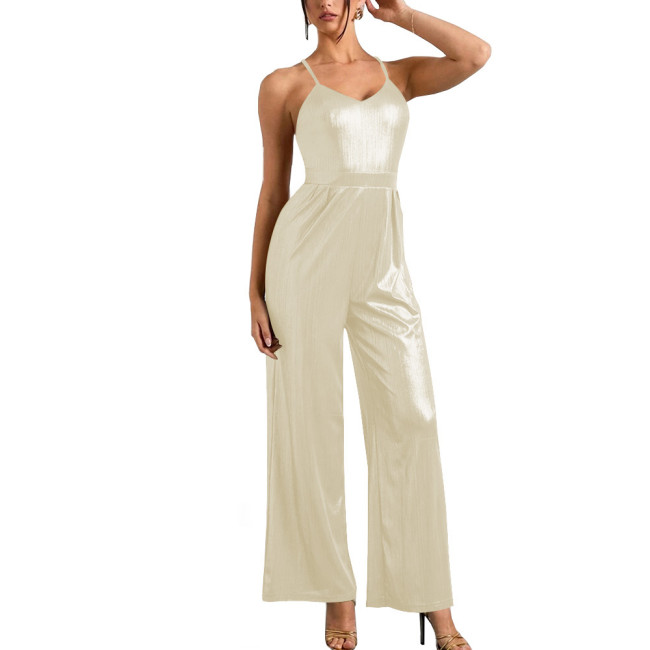 Office Lady Spaghetti Strap One Piece Jump Suits for Women Shiny Metallic Slim Fit Wide Leg Pants Wetlook Sexy Jumpsuits Catsuit