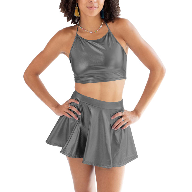 2025 Women's Fashion Elegant Women 2 Piece Set Metallic Sleeveless Halter Crop Top+Mini Skirt Matching Streetwear Casual Outfits
