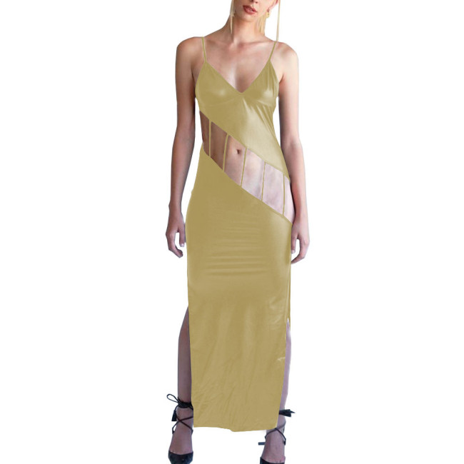 Shiny Metallic Hollow Out Bodycon Spaghetti Strap Long Dress for Women Side Slit Maxi Dress Female Camisole Solid Party Dress