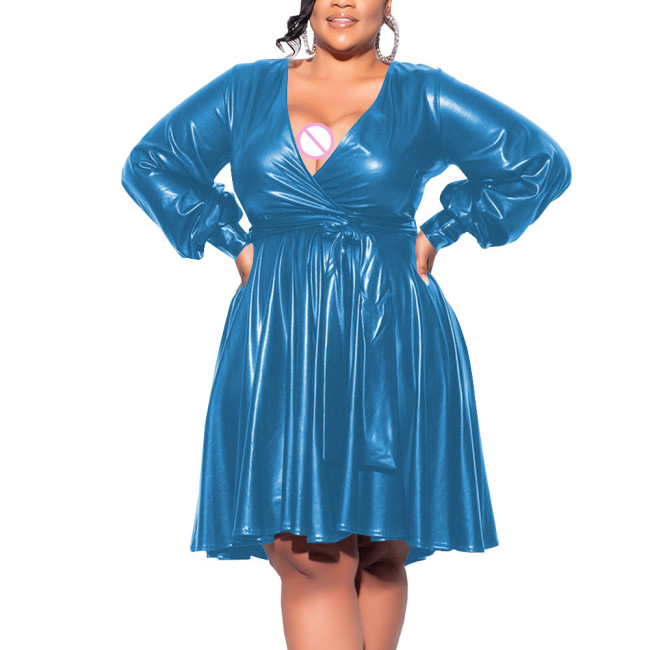 Exotic Dresses Wetlook Women Deep V-neck Long Sleeve Shiny Metallic A-line Midi Dress Fetish Sexy Club Plus Size Dress 7XL Lady
