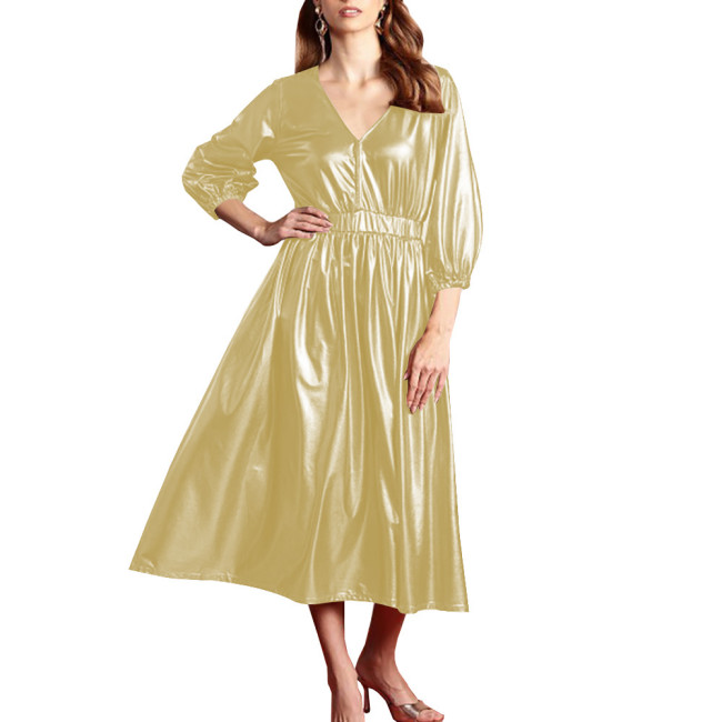 Shiny Summer Clothing for Women Dress Shiny Metallic Lantern Sleeves High Waist Elegant Long Dress Office Lady Outdoor Vestido