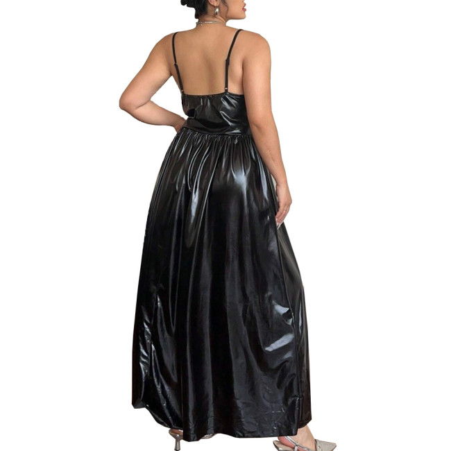 Elegant Spaghetti Strap Slim Waist PVC Leather Maxi Dresses for Women Sleeveless V-neck Evening Dresses Party Rave Long Dress