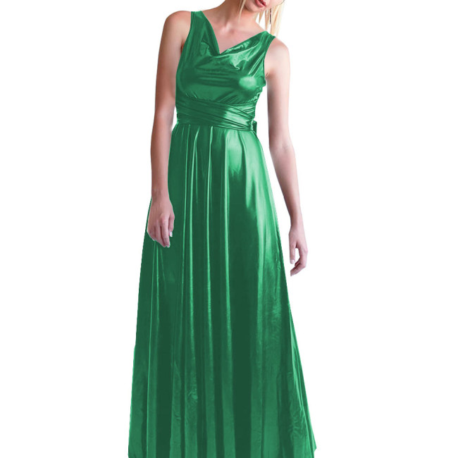 Casual Shiny Metallic Long Dress Elegance Korean Fashion V-Neck Sleeveless Women's Dresses Summer Party Y2k Vintage Ball Gowns