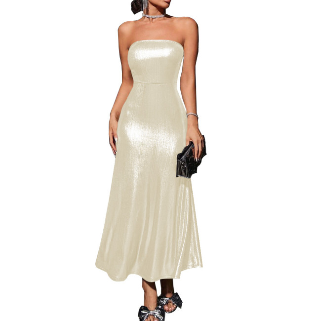 Shiny Metallic Summer Dress Solid Vestidos Sexy Strapless Bodycon A-line Women Dress Elegant Banquet Venue Gown Long Dess