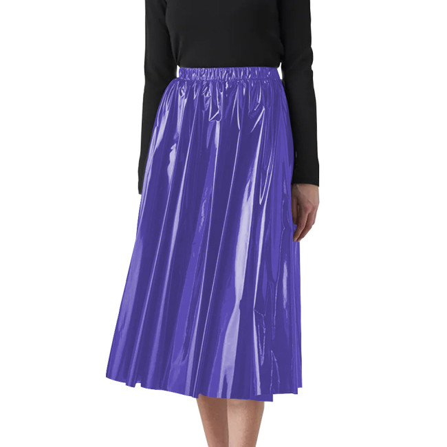 Candy Solid Folds Office Lady Casual PVC Leather High Waist A-line Loose Women's Skirt Mid-Calf Long Skirts for Women Clothing