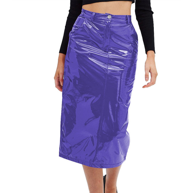 Elegant PVC Leather Black Straight Skirts Fashion Slim High Waist Skirts Women Female Sexy Solid Office Midi Skirt Spring Summer