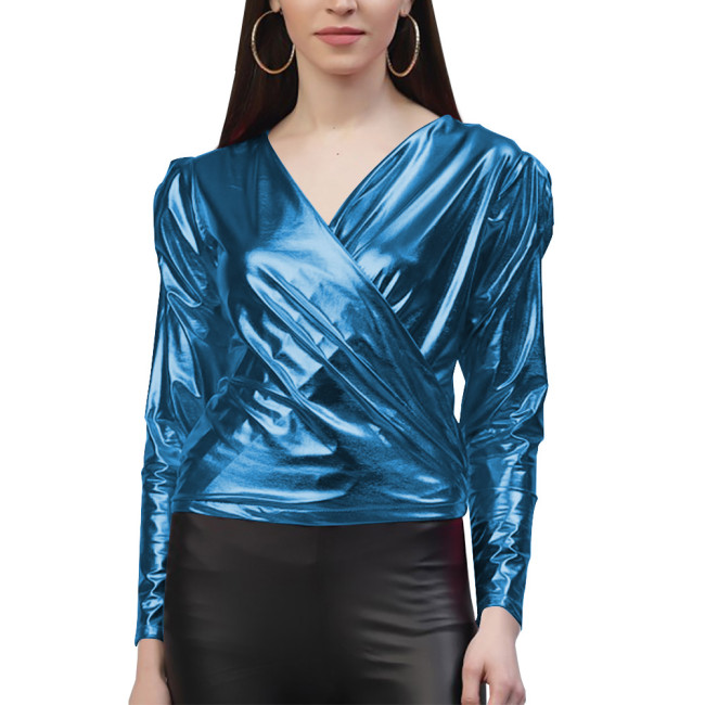 Elegant V-neck Slim Fit T-Shirts Women Shiny Metallic Clothes Bodycon Long Sleeve Tops T-Shirts Casual Solid Tops Daily Wear