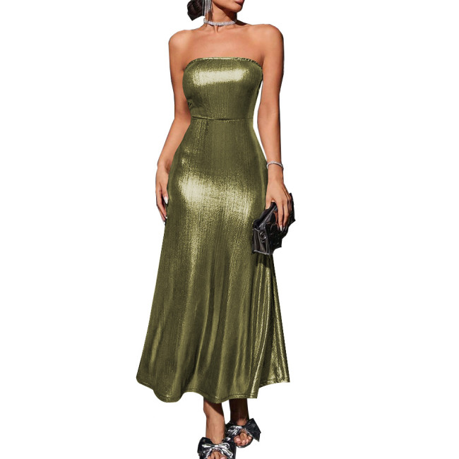 Shiny Metallic Summer Dress Solid Vestidos Sexy Strapless Bodycon A-line Women Dress Elegant Banquet Venue Gown Long Dess
