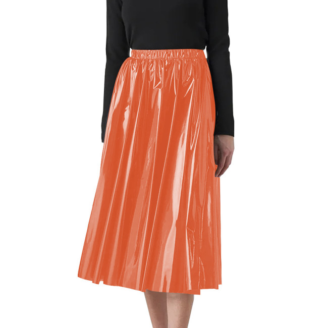 Candy Solid Folds Office Lady Casual PVC Leather High Waist A-line Loose Women's Skirt Mid-Calf Long Skirts for Women Clothing