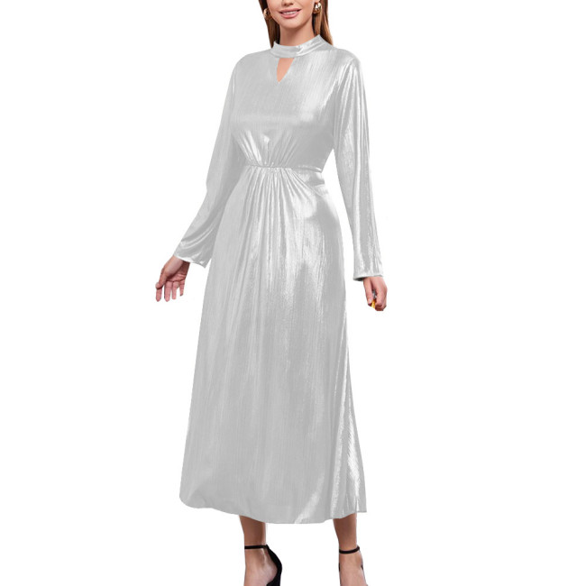 Shiny Metallic Long Sleeve Solid Evening Dress Elegant Stretch Slim Fit A-line Maxi Dress Sexy Banquet Gown Party Dress Vestido