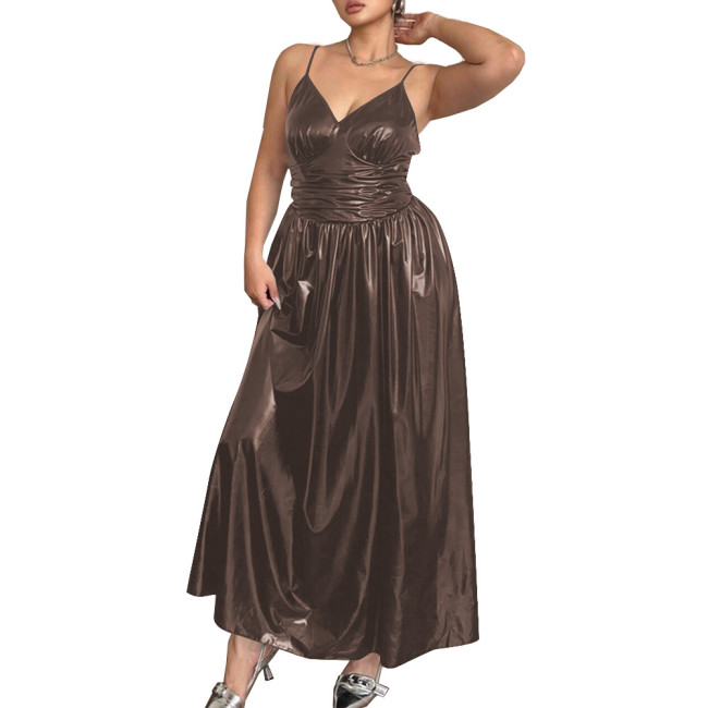 Elegant Spaghetti Strap Slim Waist PVC Leather Maxi Dresses for Women Sleeveless V-neck Evening Dresses Party Rave Long Dress