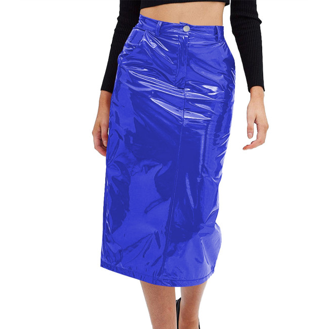 Elegant PVC Leather Black Straight Skirts Fashion Slim High Waist Skirts Women Female Sexy Solid Office Midi Skirt Spring Summer