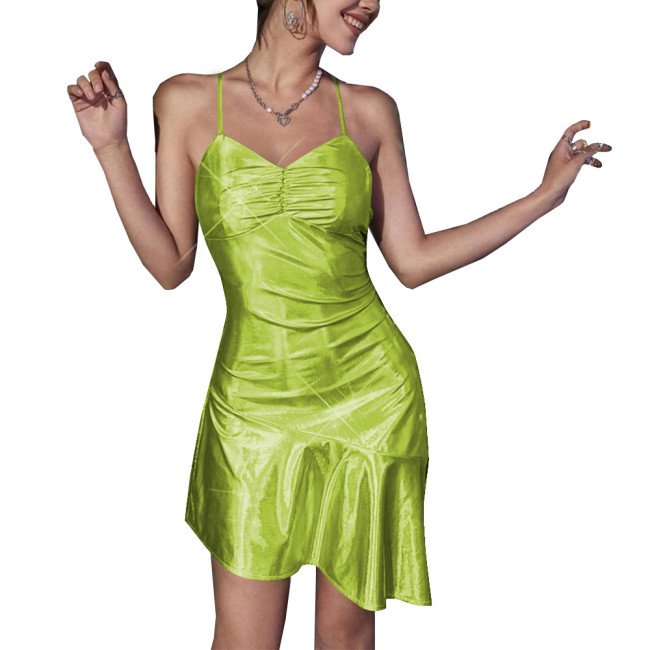 Wet Look Dance Pole Holographic Clothing Women Backless Frenum Irregular A-line Mini Dress Sexy Cub Laser Metallic Short Dress