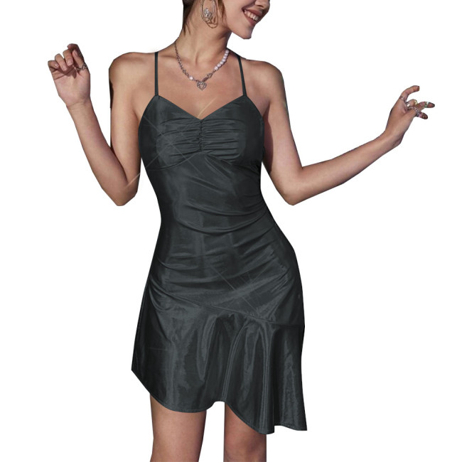 Wet Look Dance Pole Holographic Clothing Women Backless Frenum Irregular A-line Mini Dress Sexy Cub Laser Metallic Short Dress