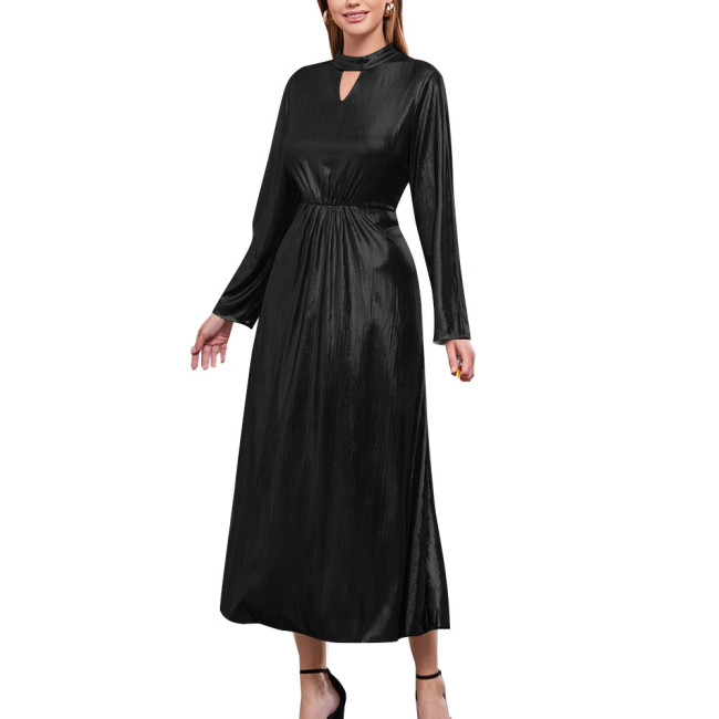 Shiny Metallic Long Sleeve Solid Evening Dress Elegant Stretch Slim Fit A-line Maxi Dress Sexy Banquet Gown Party Dress Vestido