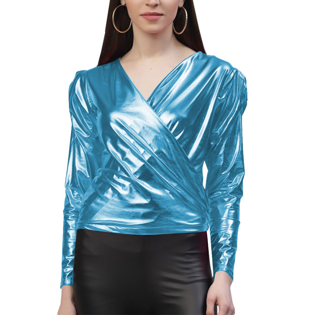 Elegant V-neck Slim Fit T-Shirts Women Shiny Metallic Clothes Bodycon Long Sleeve Tops T-Shirts Casual Solid Tops Daily Wear