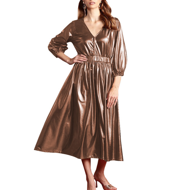 Shiny Summer Clothing for Women Dress Shiny Metallic Lantern Sleeves High Waist Elegant Long Dress Office Lady Outdoor Vestido