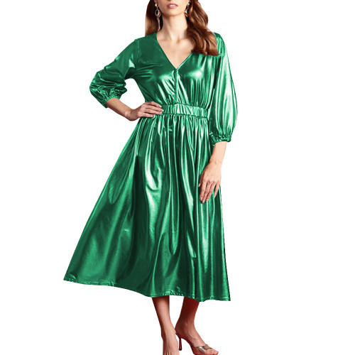 Shiny Summer Clothing for Women Dress Shiny Metallic Lantern Sleeves High Waist Elegant Long Dress Office Lady Outdoor Vestido