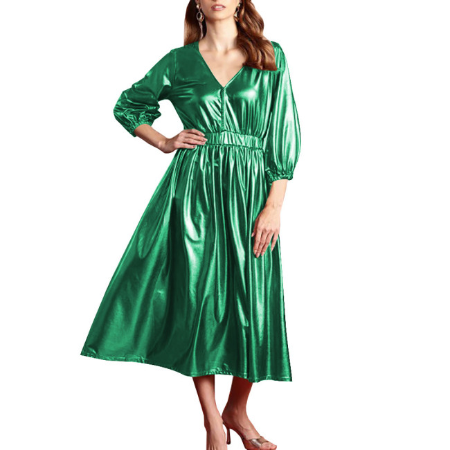 Shiny Summer Clothing for Women Dress Shiny Metallic Lantern Sleeves High Waist Elegant Long Dress Office Lady Outdoor Vestido