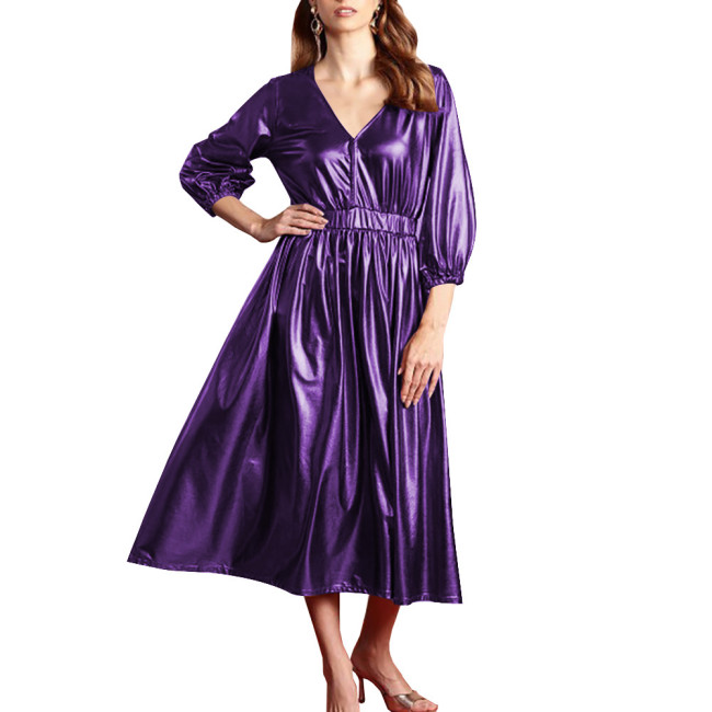 Shiny Summer Clothing for Women Dress Shiny Metallic Lantern Sleeves High Waist Elegant Long Dress Office Lady Outdoor Vestido